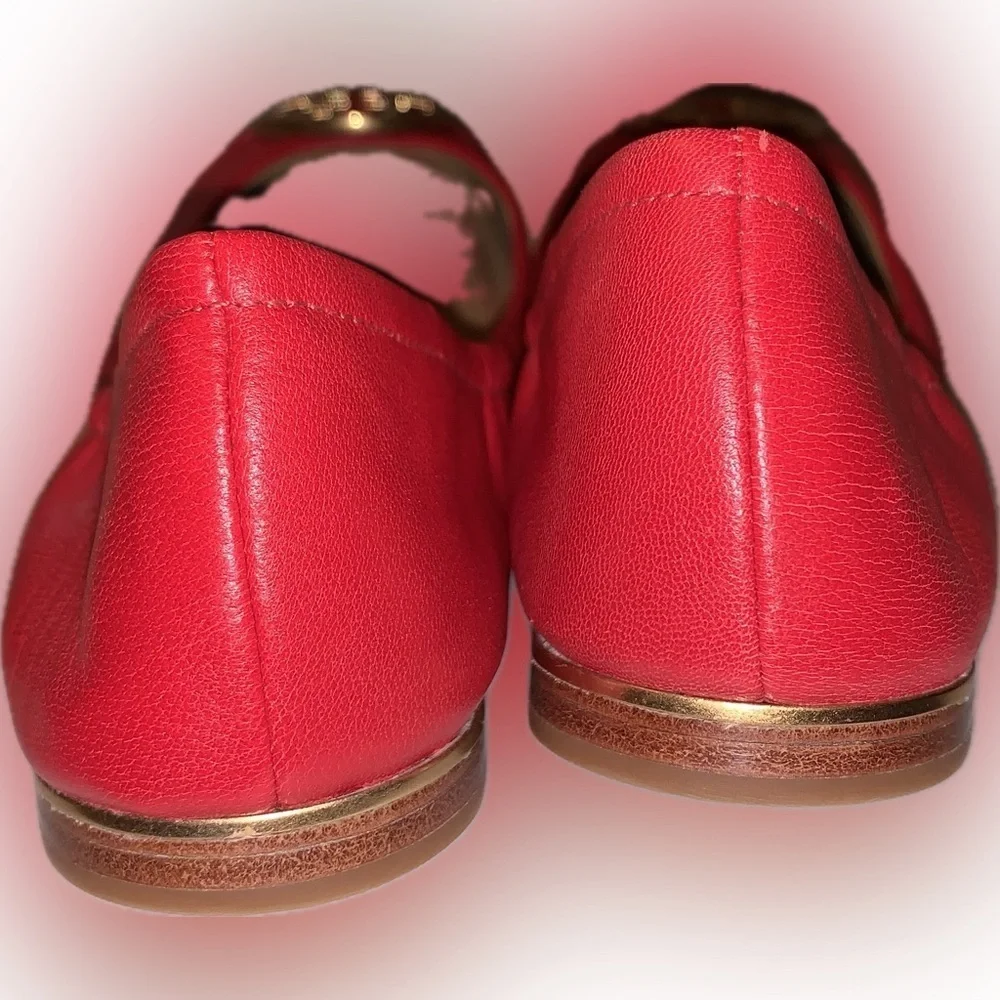 Tory Burch Minnie Toe Cap Red Azalea Pink Napa Leather Ballet Flats Gold Logo 6M